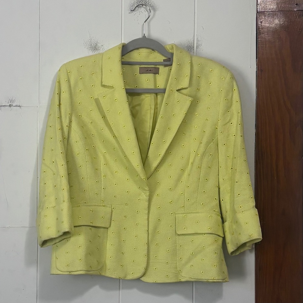 i.e. Womens Yellow Eyelet Cotton Blazer Jacket Size 14 3/4 Sleeve Professional